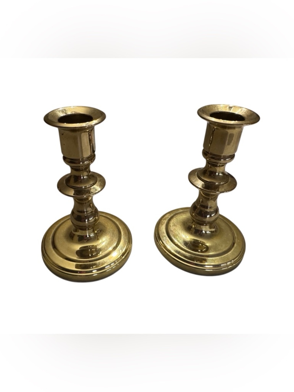 Forged by Baldwin America Gold Brass Candlestick Pair